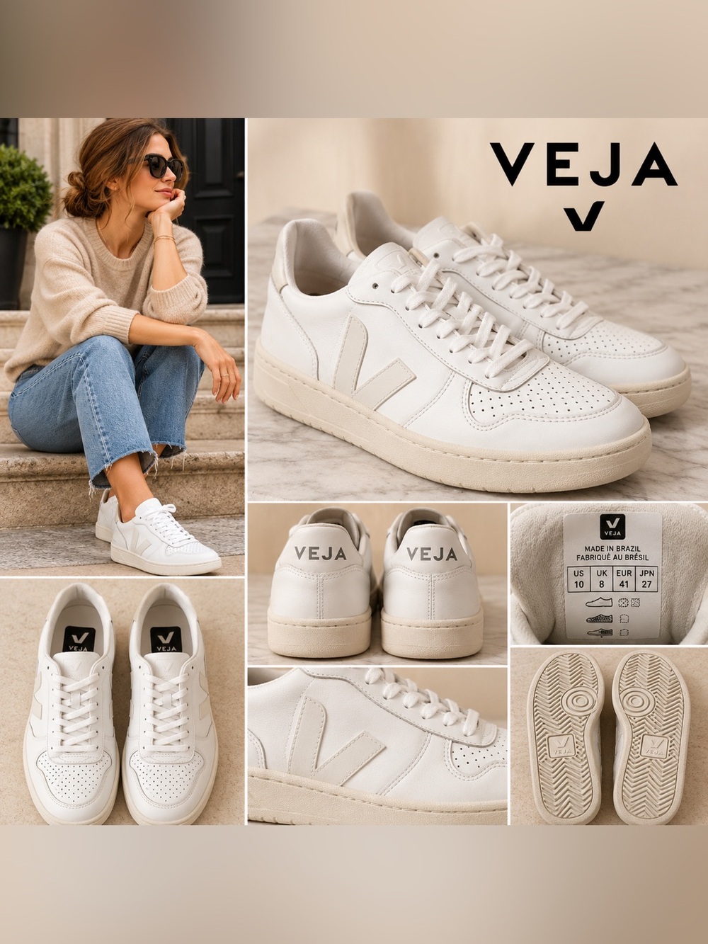 VEJA V-10 Full White Leather Sneakers Size 6